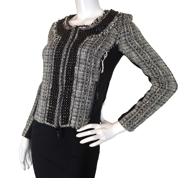 Milly Black and White Punk Distressed Tweed Blazer Jacket - Picture 5 of 15